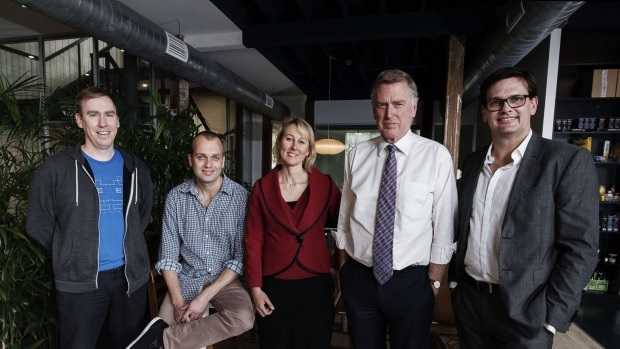 [Left to right] LegalVision's chief technology officer Evan Tait-Styles, chief executive Lachlan McKnight and principal lawyer Ursula Hogben with Gilbert + Tobin’s managing partner Danny Gilbert and chief operating officer Sam Nickless (Photo by Christopher Pearce)